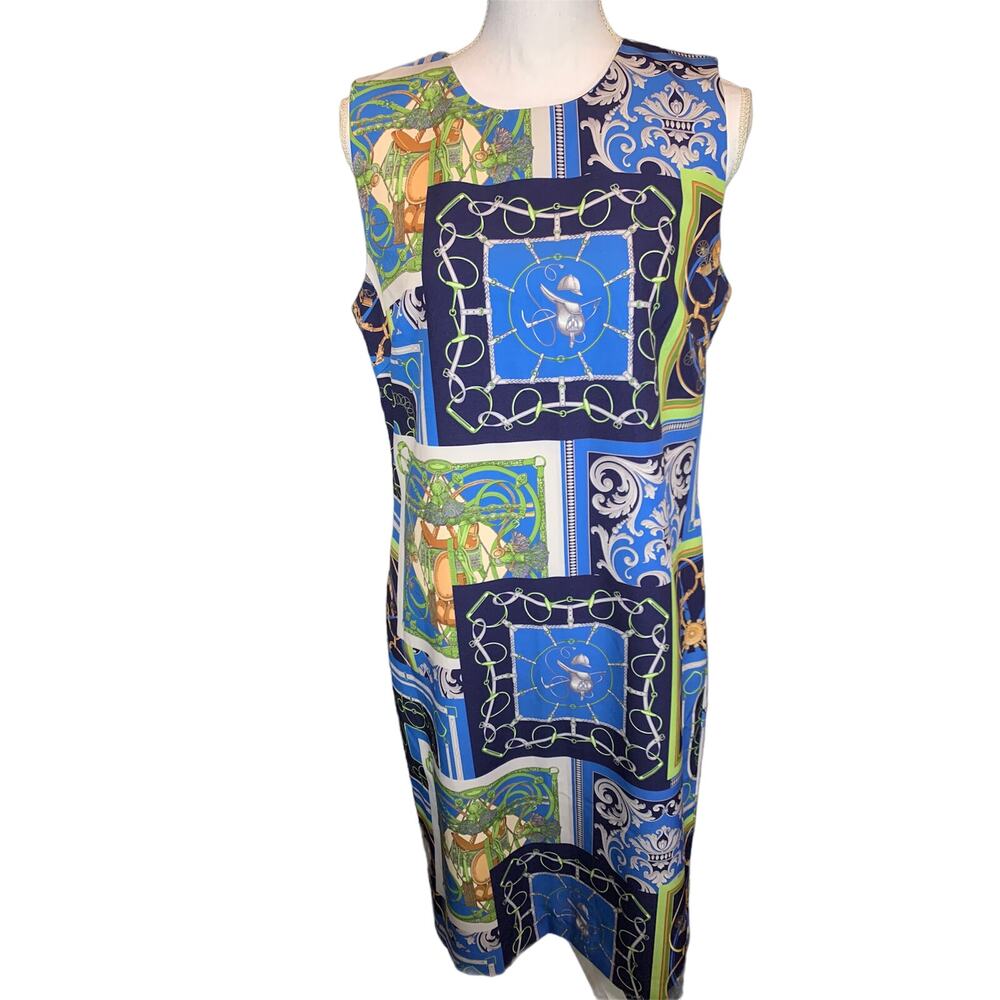 J McLaughlin Equestrian Print Patchwork Dress Blu… - image 2